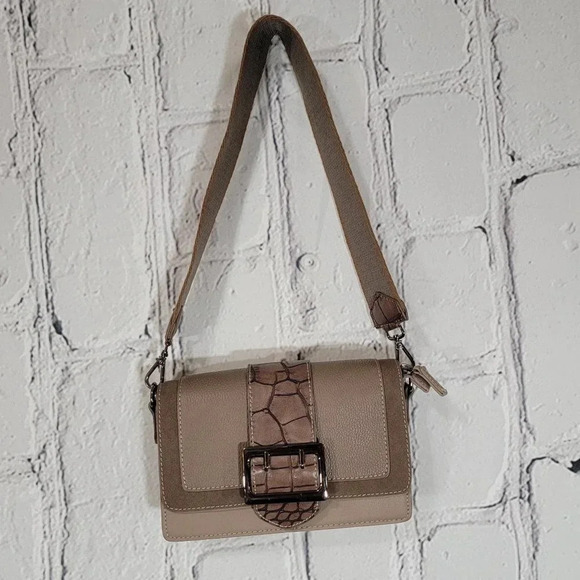 David Jones Paris Faux Leather Bag Purse Brown Croc Fabric Shoulder Strap Clutch - Picture 1 of 9